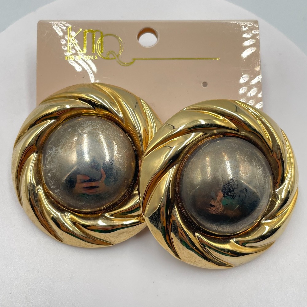 Vintage Retro Chunky Gold Tone Swirl Hematite Tone Cabochon Clip On Earrings